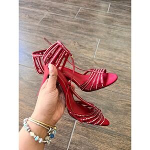 Lauren Ralph Lauren Adasia Red Satin Rhinestone Strappy Heel Sandals Womens 7B